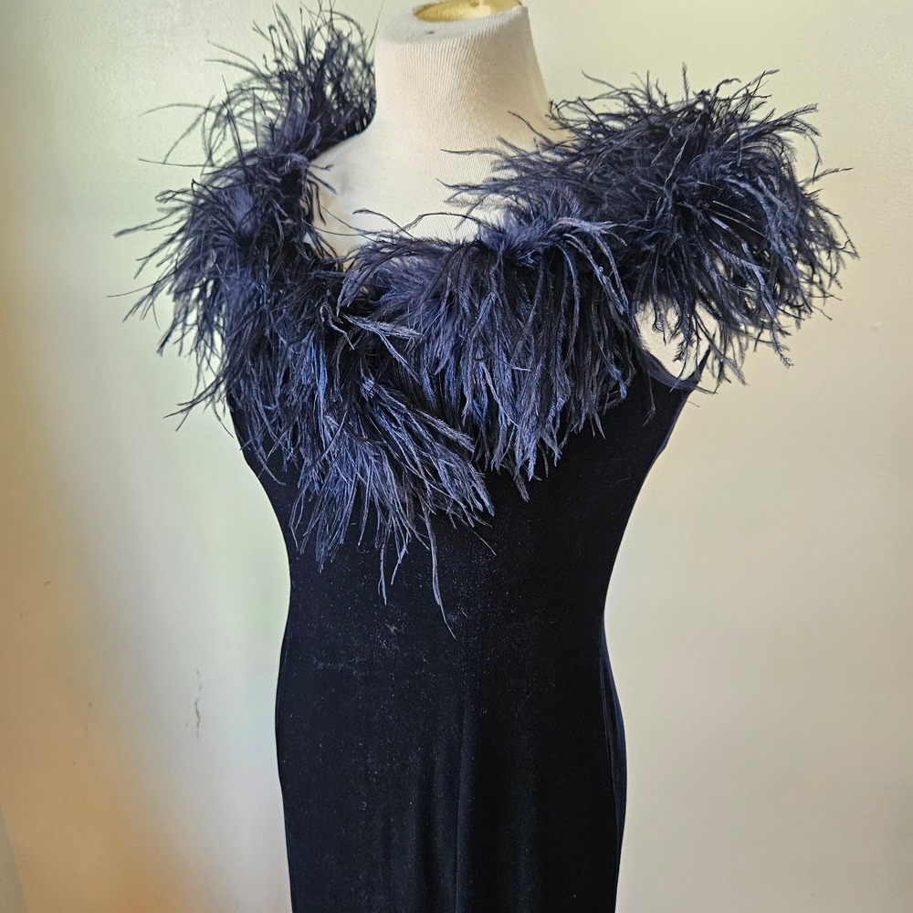 Vtg 90s Navy Blue Stretch Velvet Formal Dress Ostrich Feather Thigh Slit 7/8/S‎